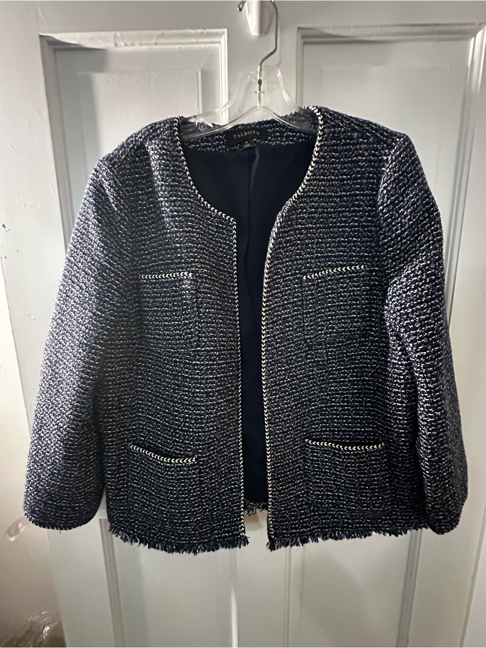 Talbots Navy Tweed Fringe Open-Front Jacket